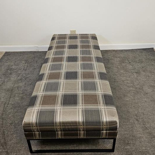 Pre-Owned Long Checkered Fabric Bench With Brown Metal Legs - Duckys Office Furniture