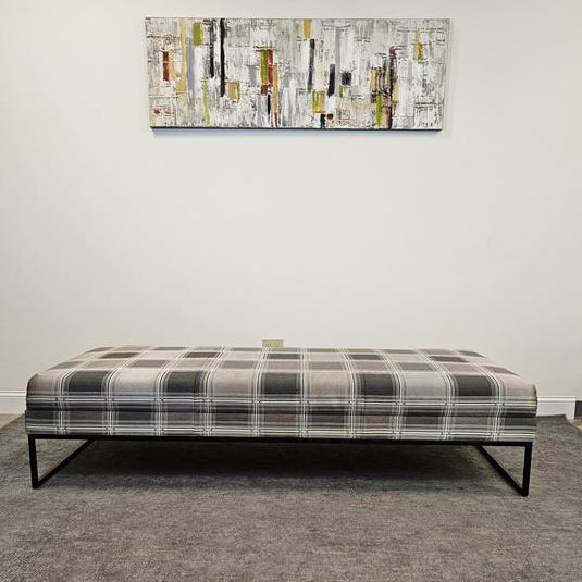 Pre-Owned Long Checkered Fabric Bench With Brown Metal Legs - Duckys Office Furniture