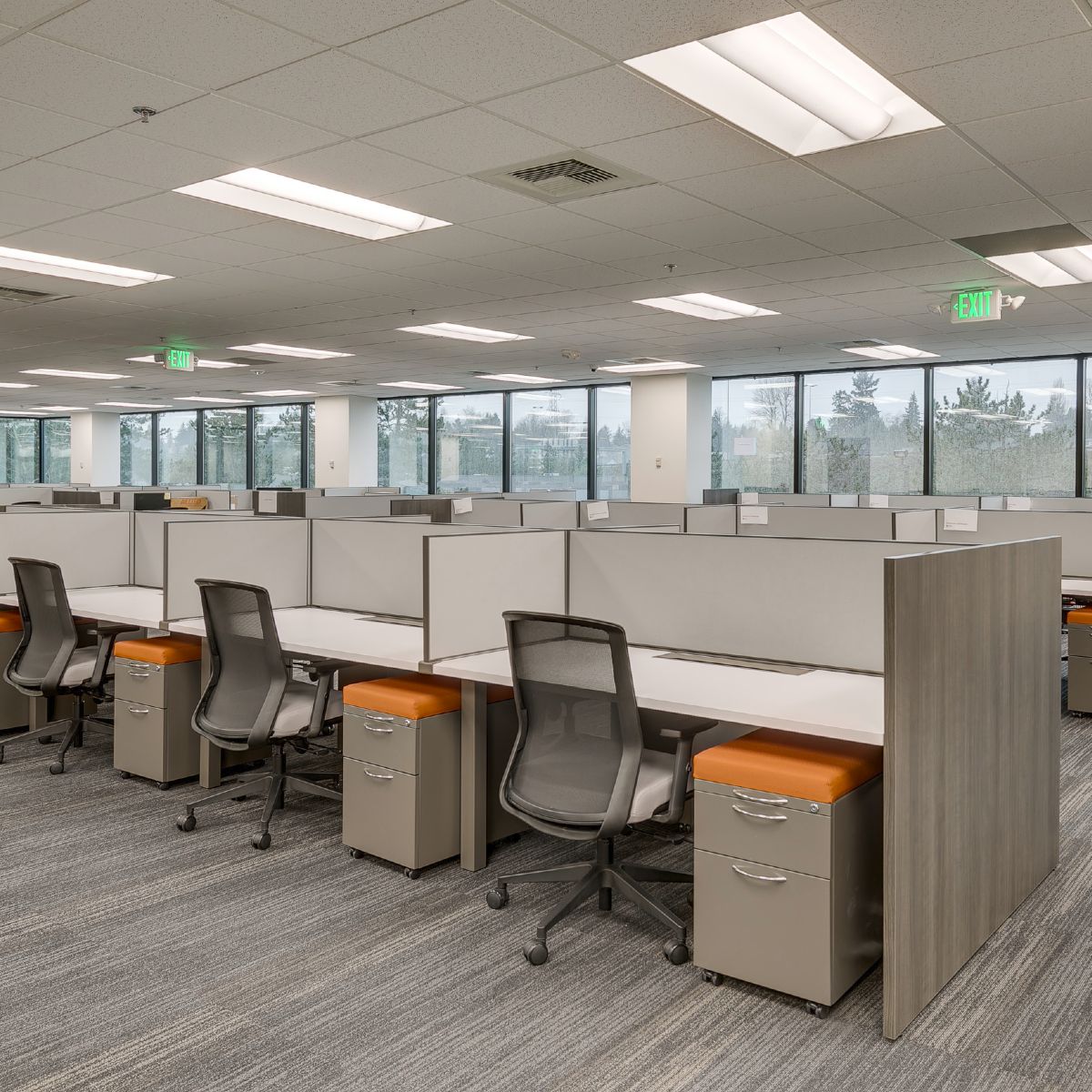 Rows of cubicles with gray panels installed by Ducky's in an open office