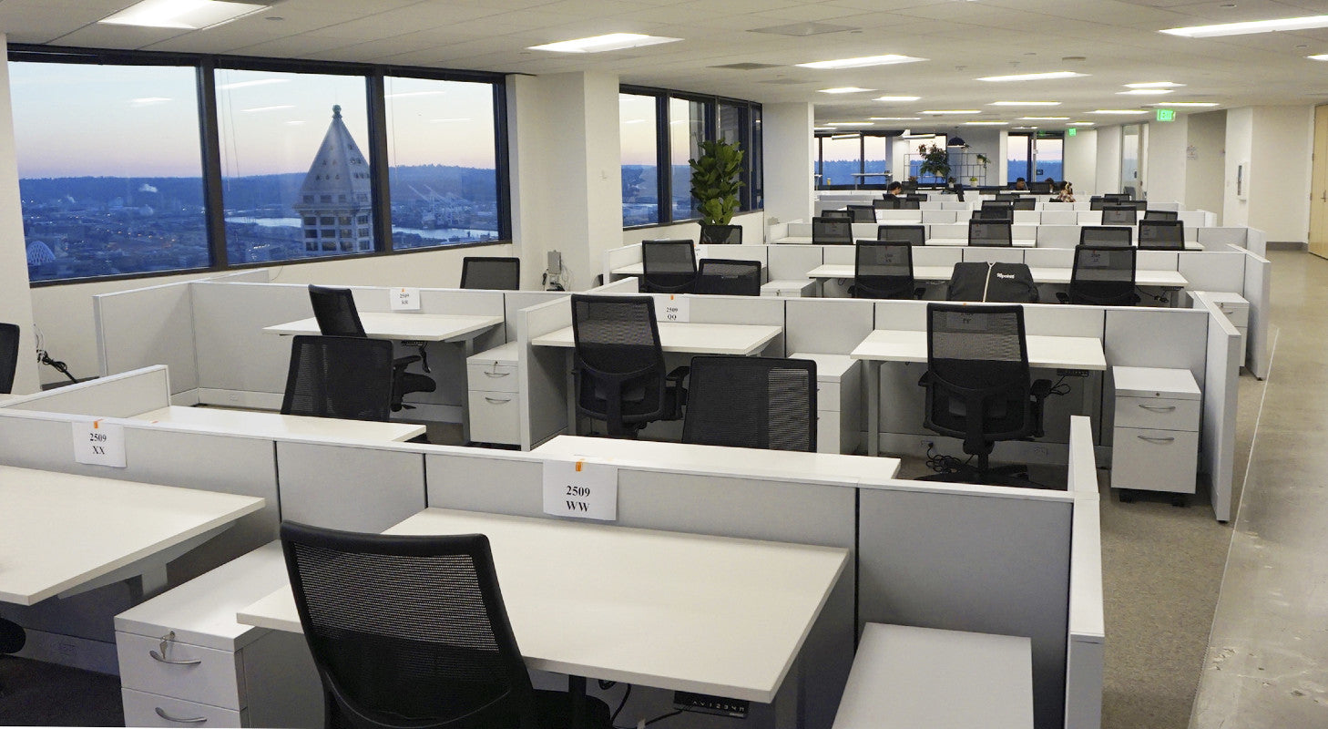 An open office floor of sit-to-stand workstations