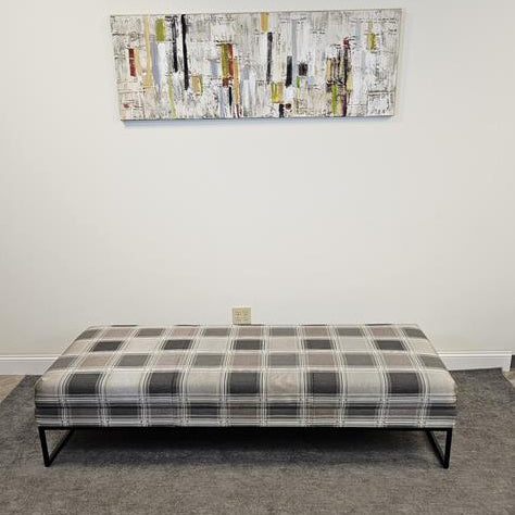 Pre-Owned Long Checkered Fabric Bench With Brown Metal Legs - Duckys Office Furniture