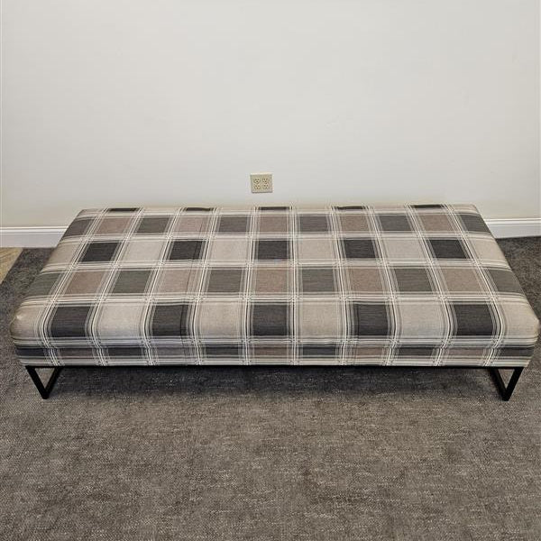 Pre-Owned Long Checkered Fabric Bench With Brown Metal Legs - Duckys Office Furniture